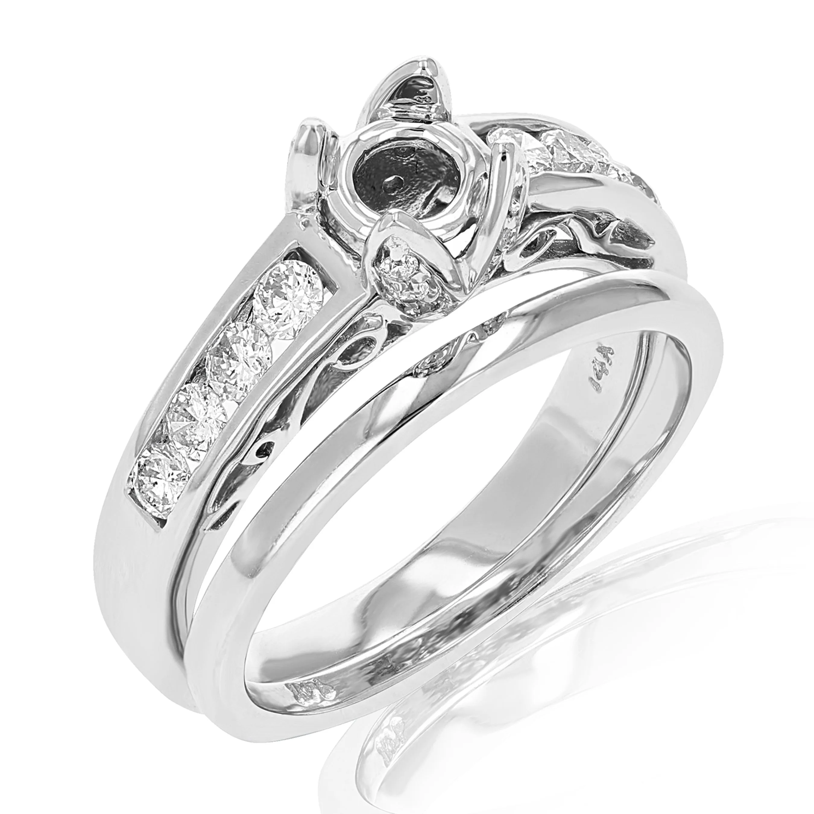 0.60 cttw Semi Mount Diamond Wedding Bridal Set 14K White Gold Round