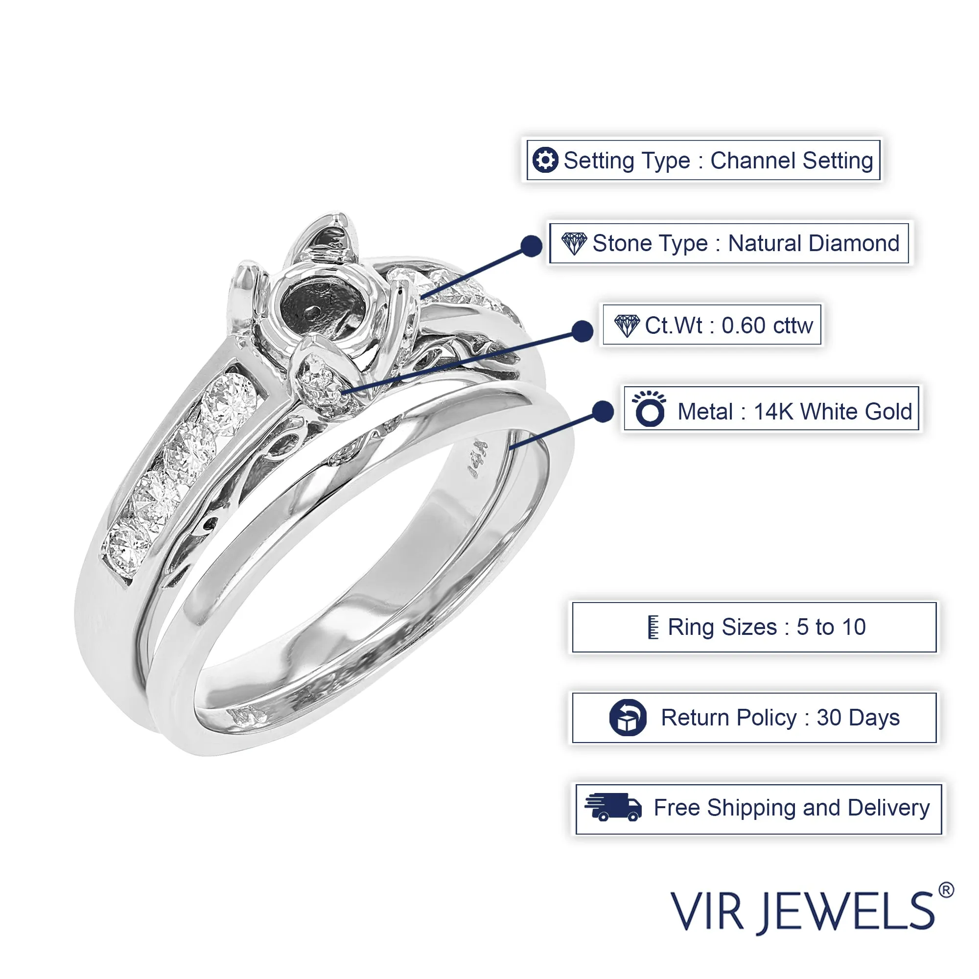 0.60 cttw Semi Mount Diamond Wedding Bridal Set 14K White Gold Round