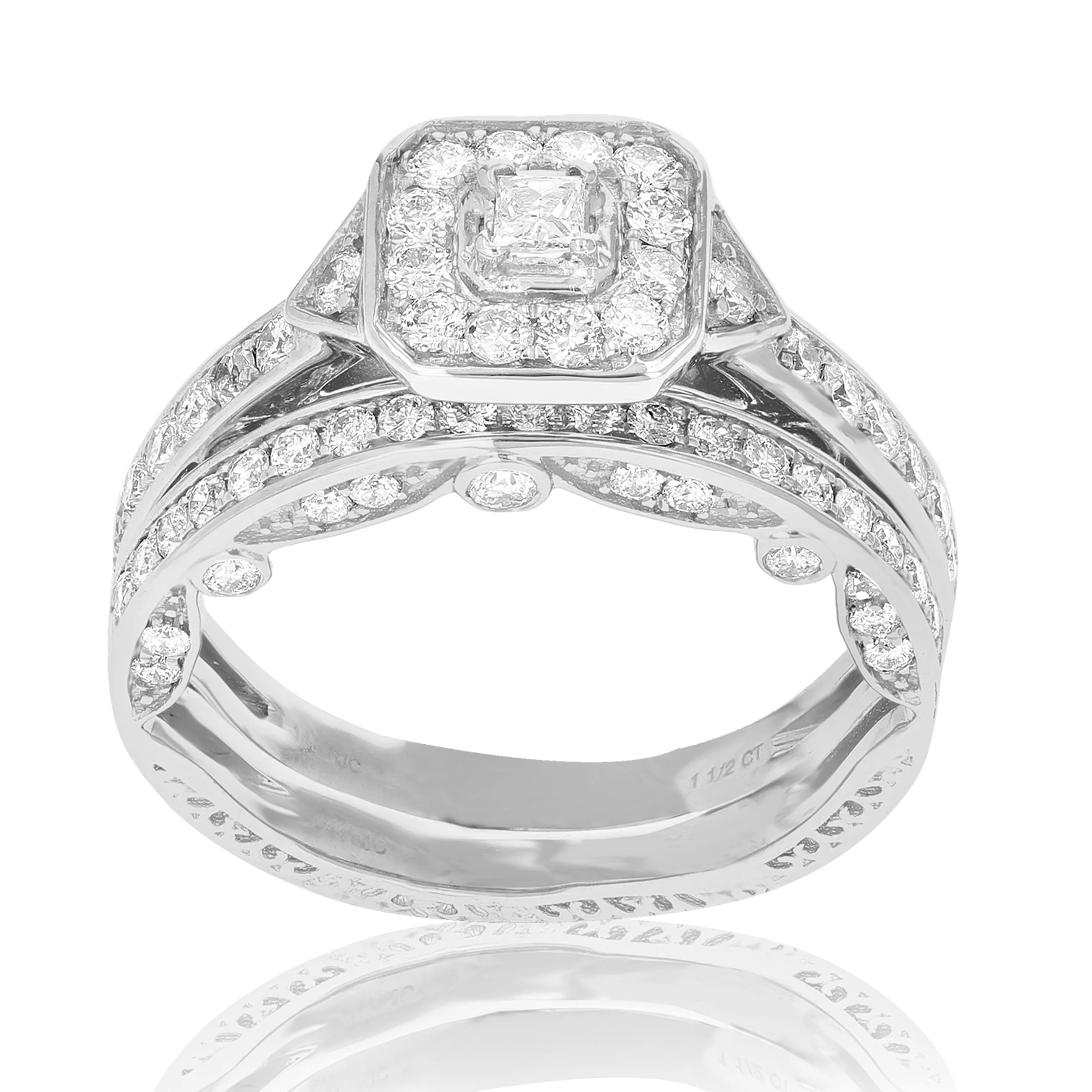 1 1/4 cttw Diamond Wedding Engagement Ring Bridal Set 14K White Gold Halo