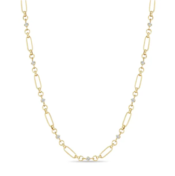 14K LINKED PRONG DIAMOND & MEDIUM PAPERCLIP ROLO CHAIN NECKLACE