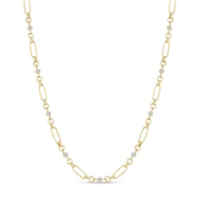 14K LINKED PRONG DIAMOND & MEDIUM PAPERCLIP ROLO CHAIN NECKLACE