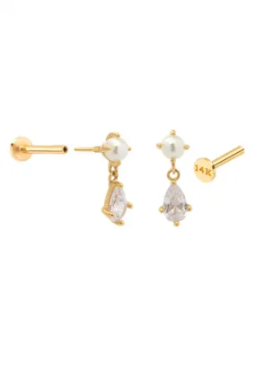 14K Solid Gold Cartilage Cz Dangle Fresh Water Pearl Internally Internal Threaded Tragus Cartilage Helix Earring Labret