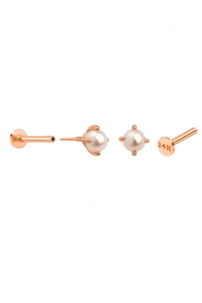 14K Solid Gold Cartilage Fresh Water Pearl Internally Internal Threaded Tragus Cartilage Helix Earring Labret