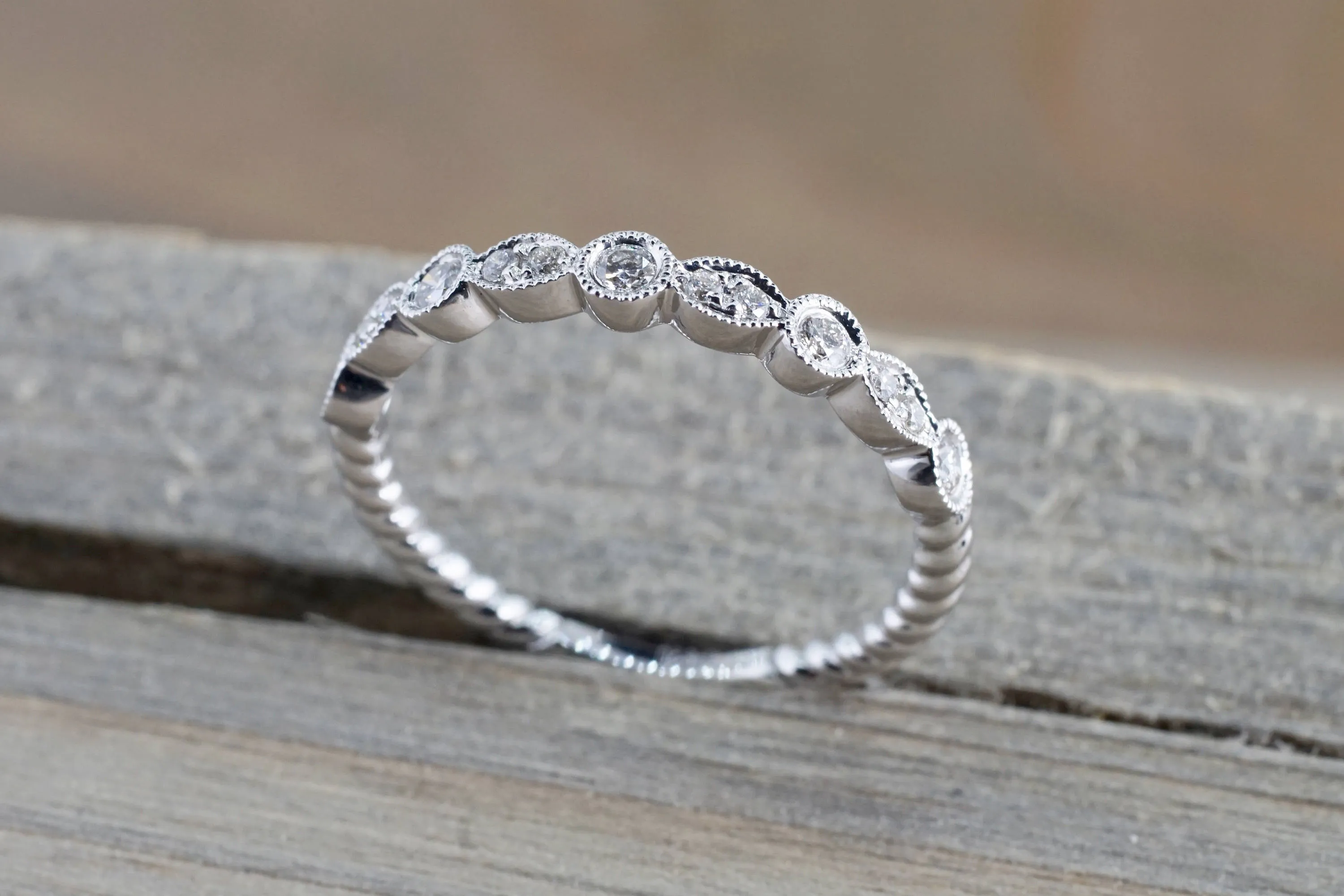 14k White Gold Round Cut Diamond Rope Twined Vine Engagement Pave Stackable Stacking Promise Ring