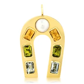 14K Yellow Gold Fresh Water Pearl, Citrine, Peridot and Aquamarine Horseshoe Charm