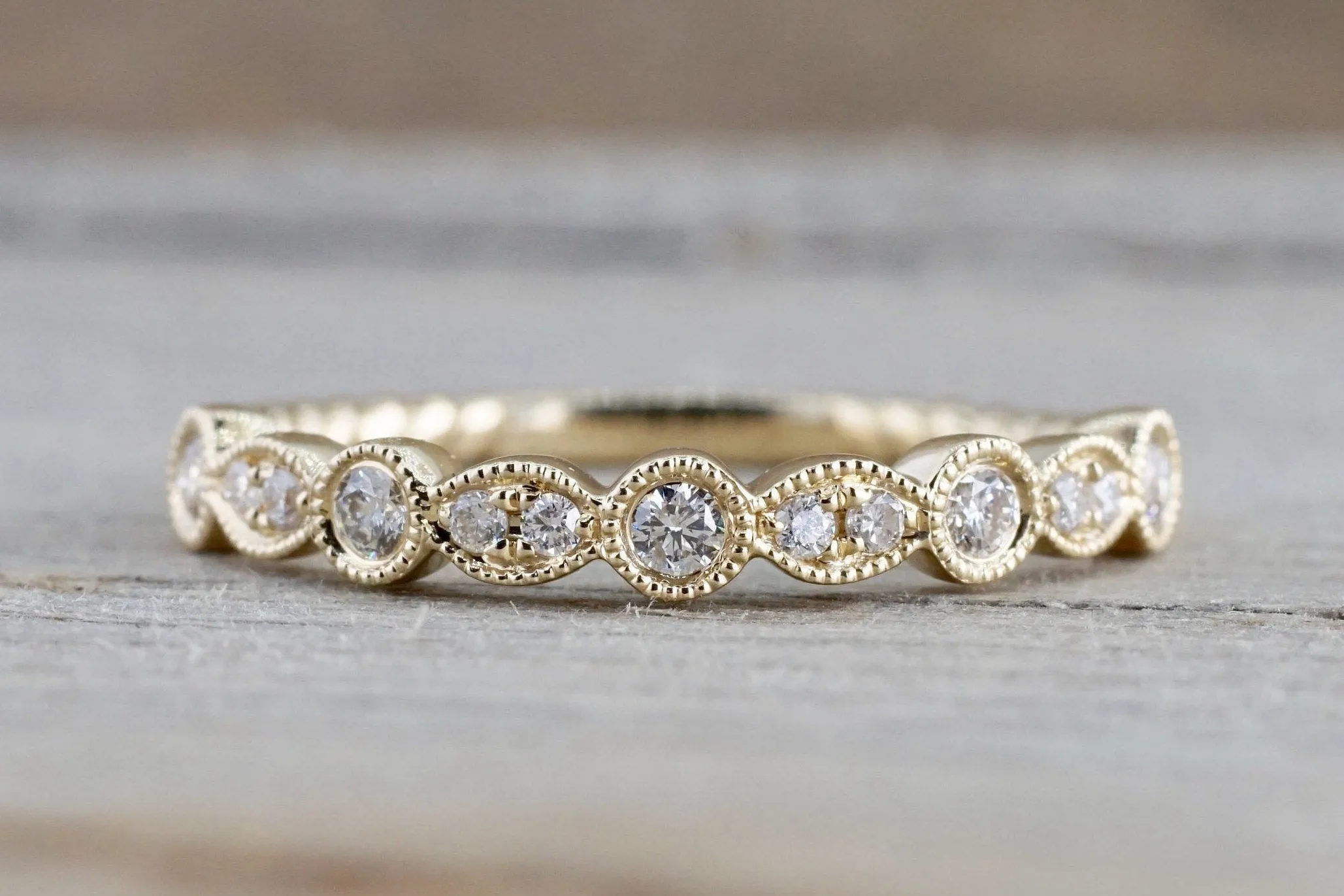 14k Yellow Gold Round Cut Diamond Rope Twined Vine Pave Stackable Stacking Art Deco Band Ring