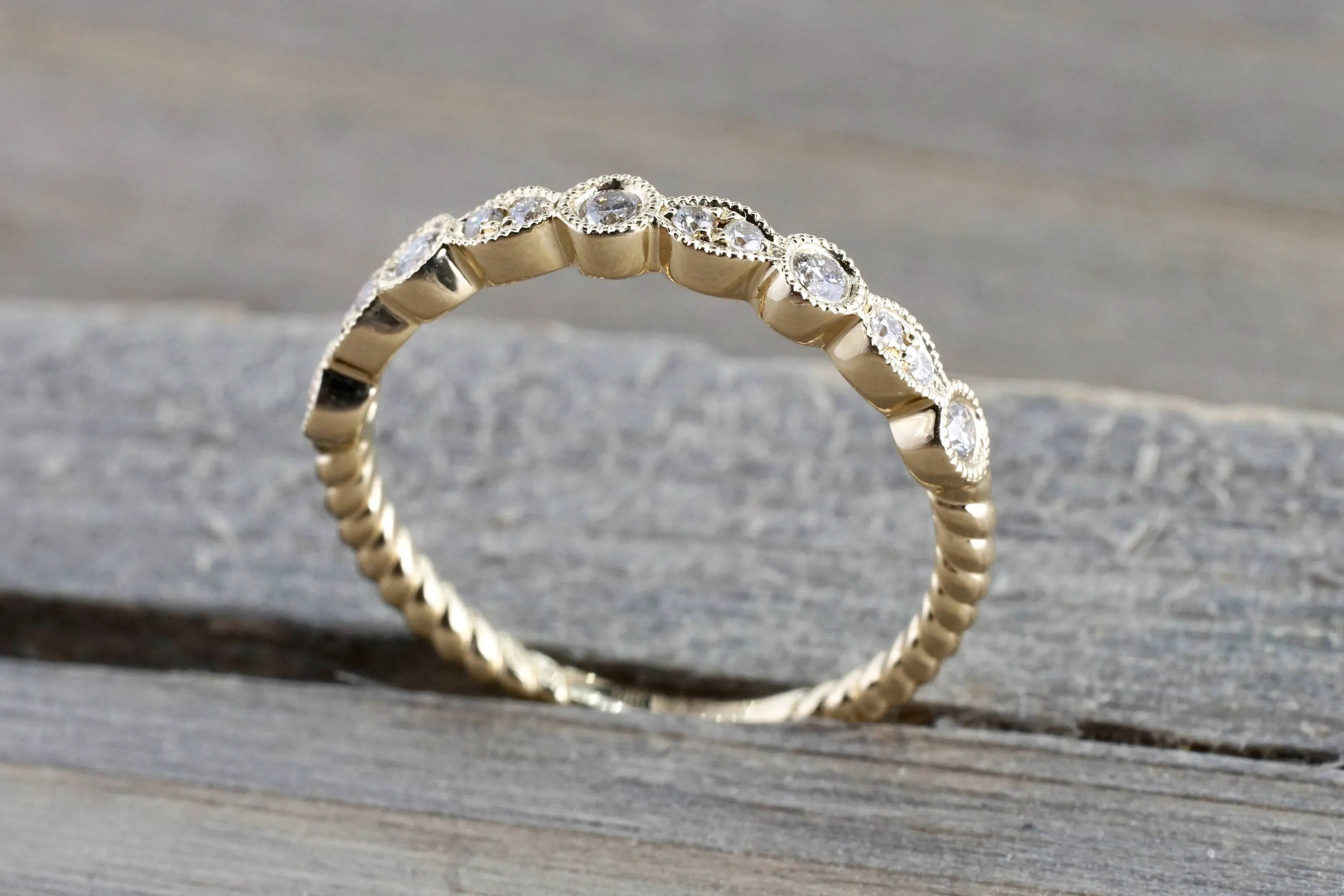 14k Yellow Gold Round Cut Diamond Rope Twined Vine Pave Stackable Stacking Art Deco Band Ring