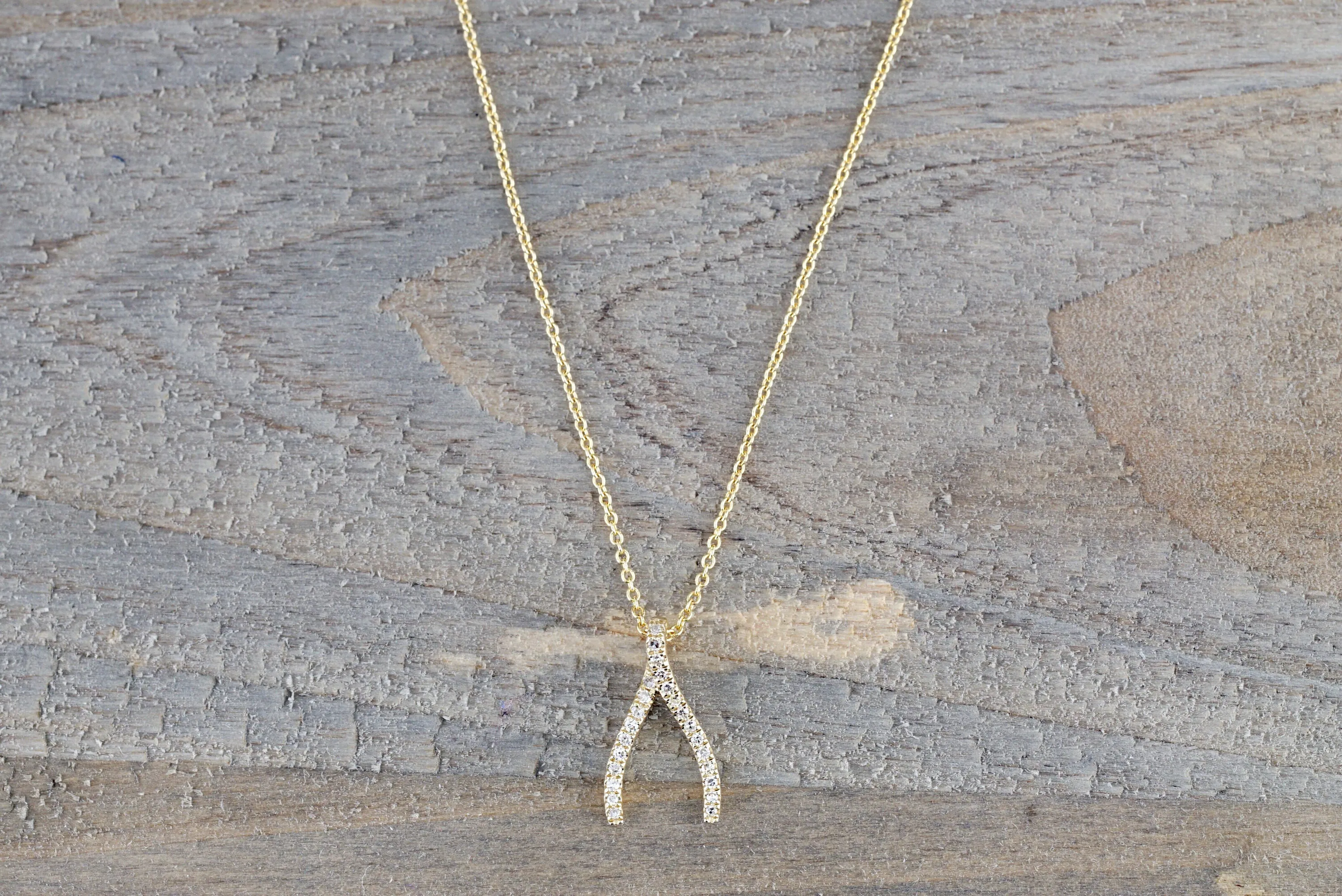 14k Yellow Gold Wish Bone Pave Diamond Dainty Pendant Charm with necklace chain