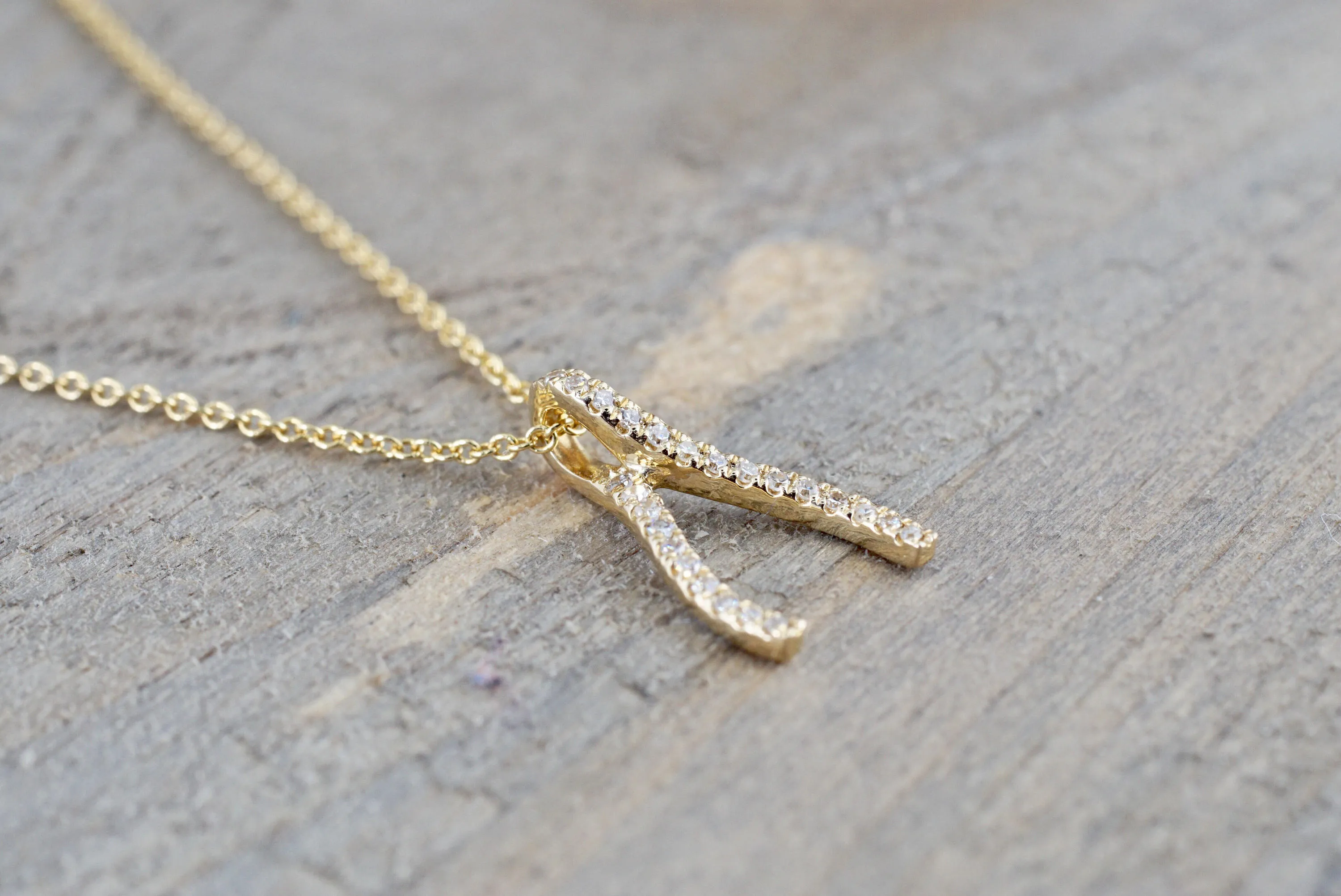 14k Yellow Gold Wish Bone Pave Diamond Dainty Pendant Charm with necklace chain