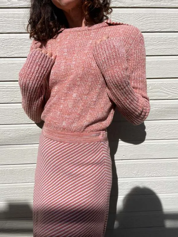 1970s  Wool Knit Dress Set - Salmon Pink Stripe