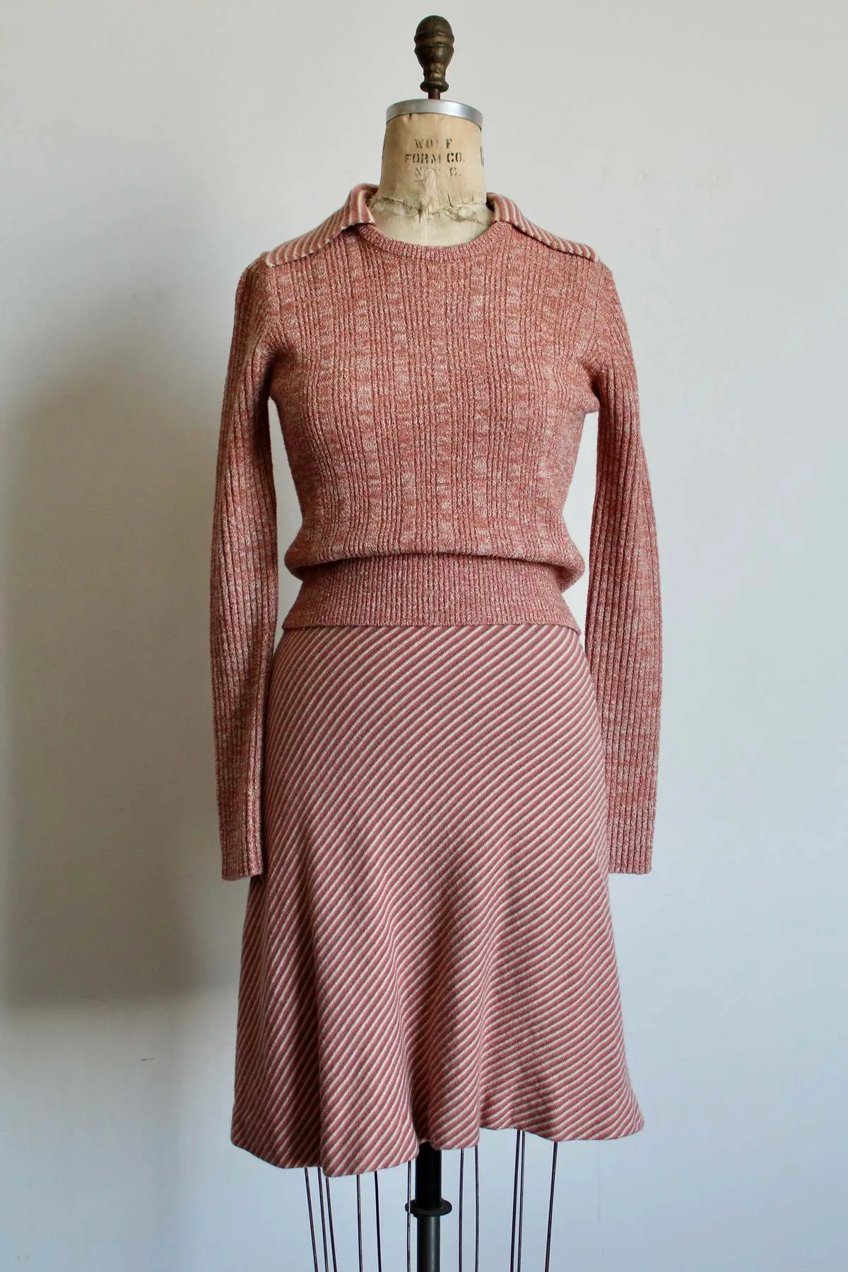 1970s  Wool Knit Dress Set - Salmon Pink Stripe