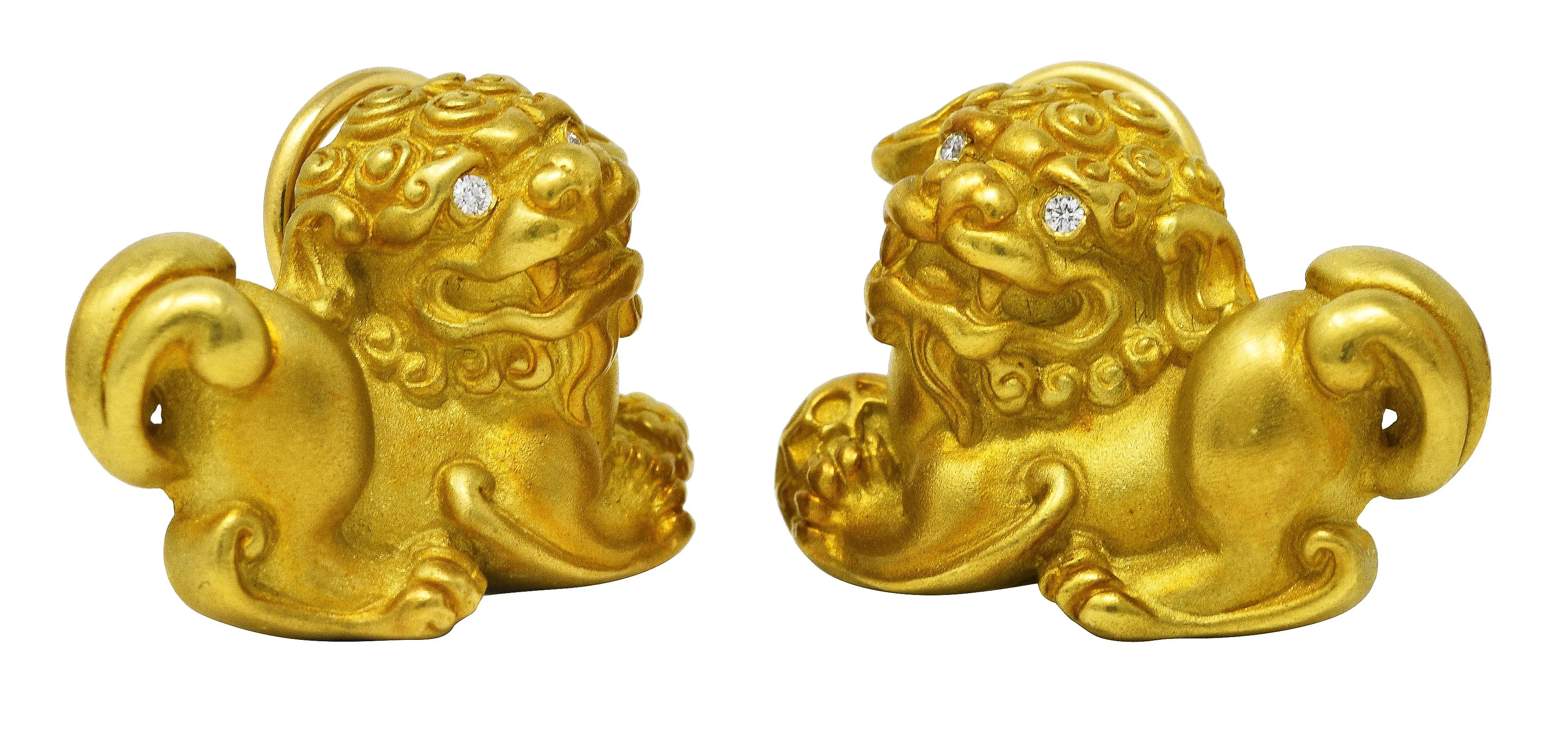 2002 Kieselstein-Cord Diamond 18 Karat Yellow Gold Foo Dog Ear-Clip Earrings