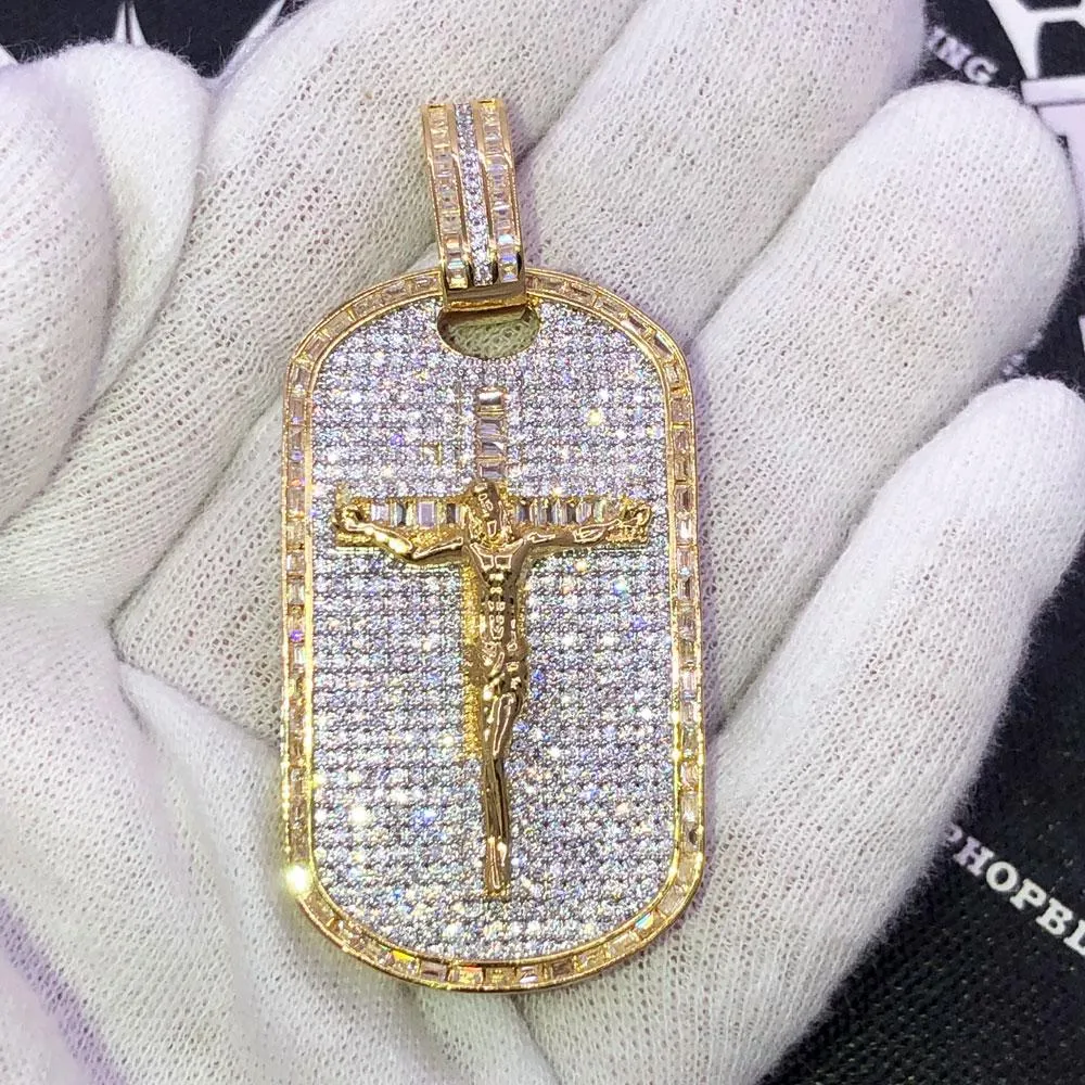 3D Baguette Dog Tag Jesus Crucifix CZ Iced Out Pendant