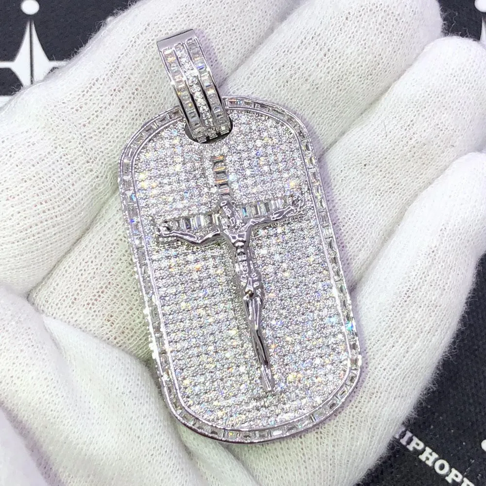 3D Baguette Dog Tag Jesus Crucifix CZ Iced Out Pendant