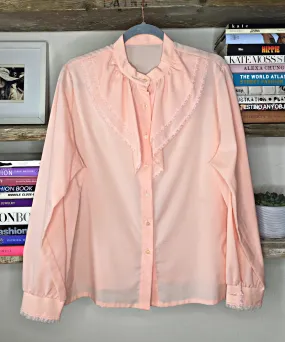 70s vintage blouse, salmon pink with lace trim