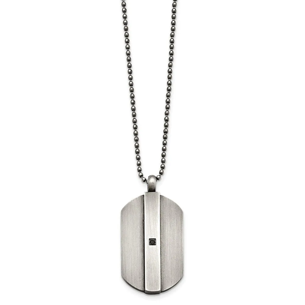 Antiqued Brushed Stainless Steel & Black CZ Dog Tag Necklace, 20 Inch