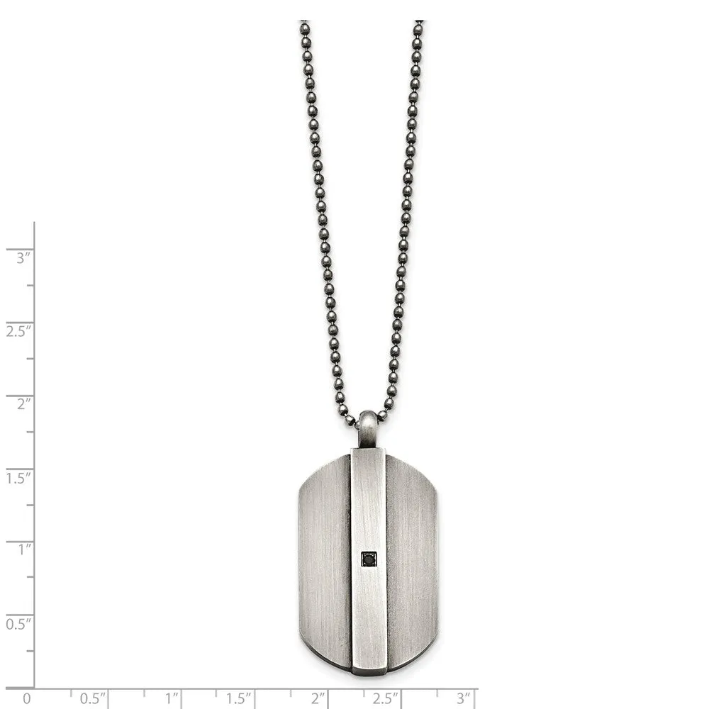 Antiqued Brushed Stainless Steel & Black CZ Dog Tag Necklace, 20 Inch