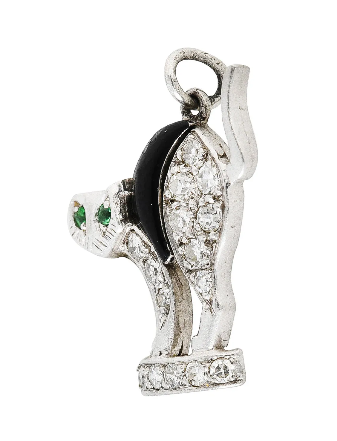 Art Deco Onyx Diamond Emerald Platinum Antique Cat Charm