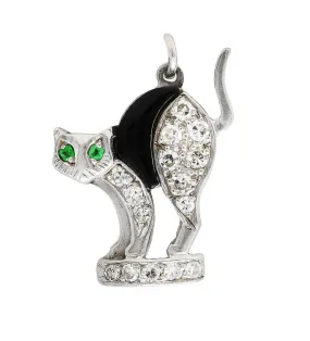 Art Deco Onyx Diamond Emerald Platinum Antique Cat Charm