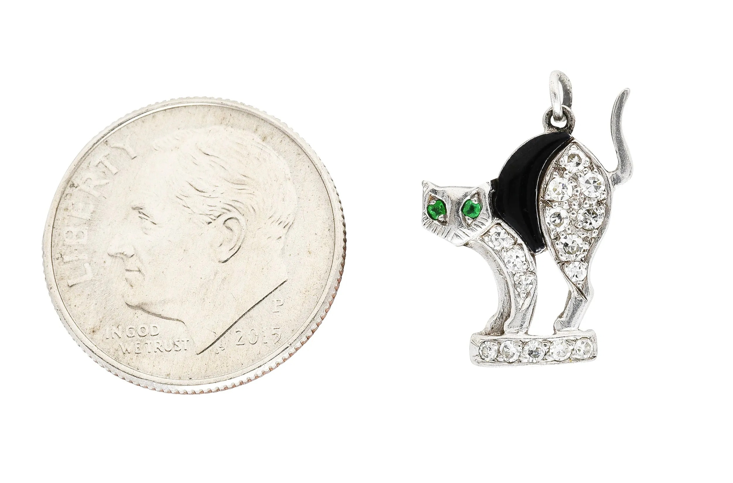 Art Deco Onyx Diamond Emerald Platinum Antique Cat Charm