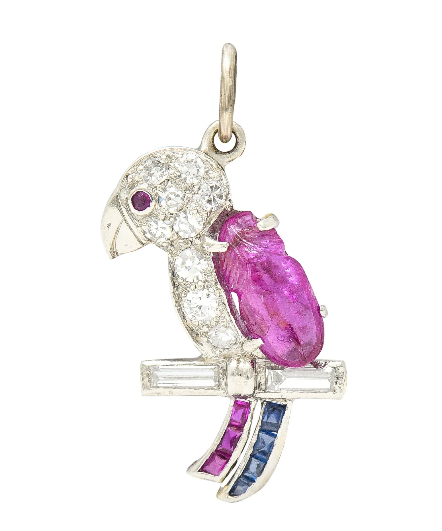 Art Deco Sapphire Ruby Diamond Platinum Parrot Bird Charm