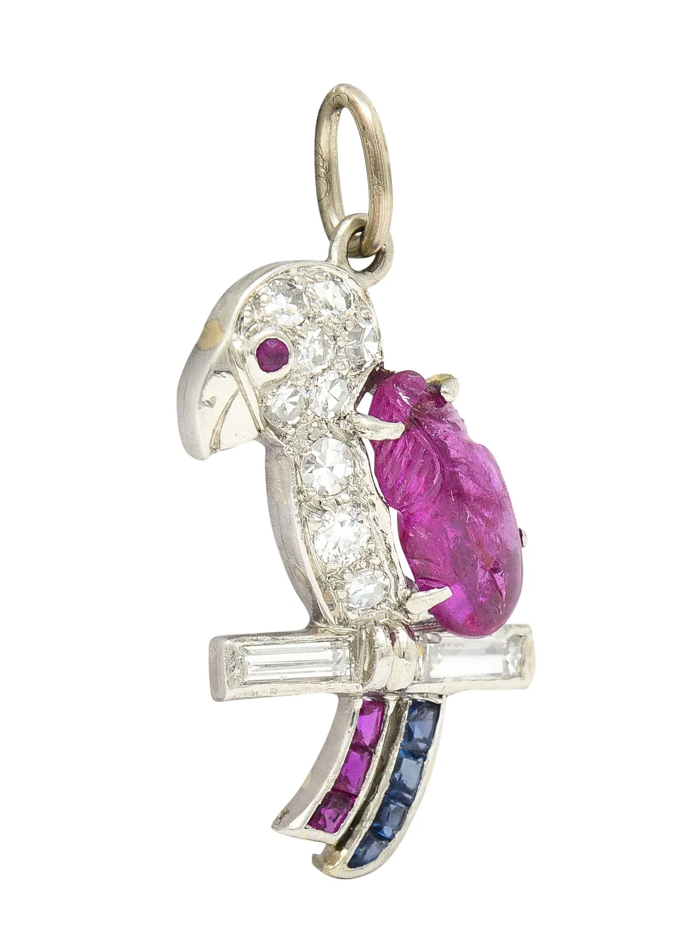 Art Deco Sapphire Ruby Diamond Platinum Parrot Bird Charm