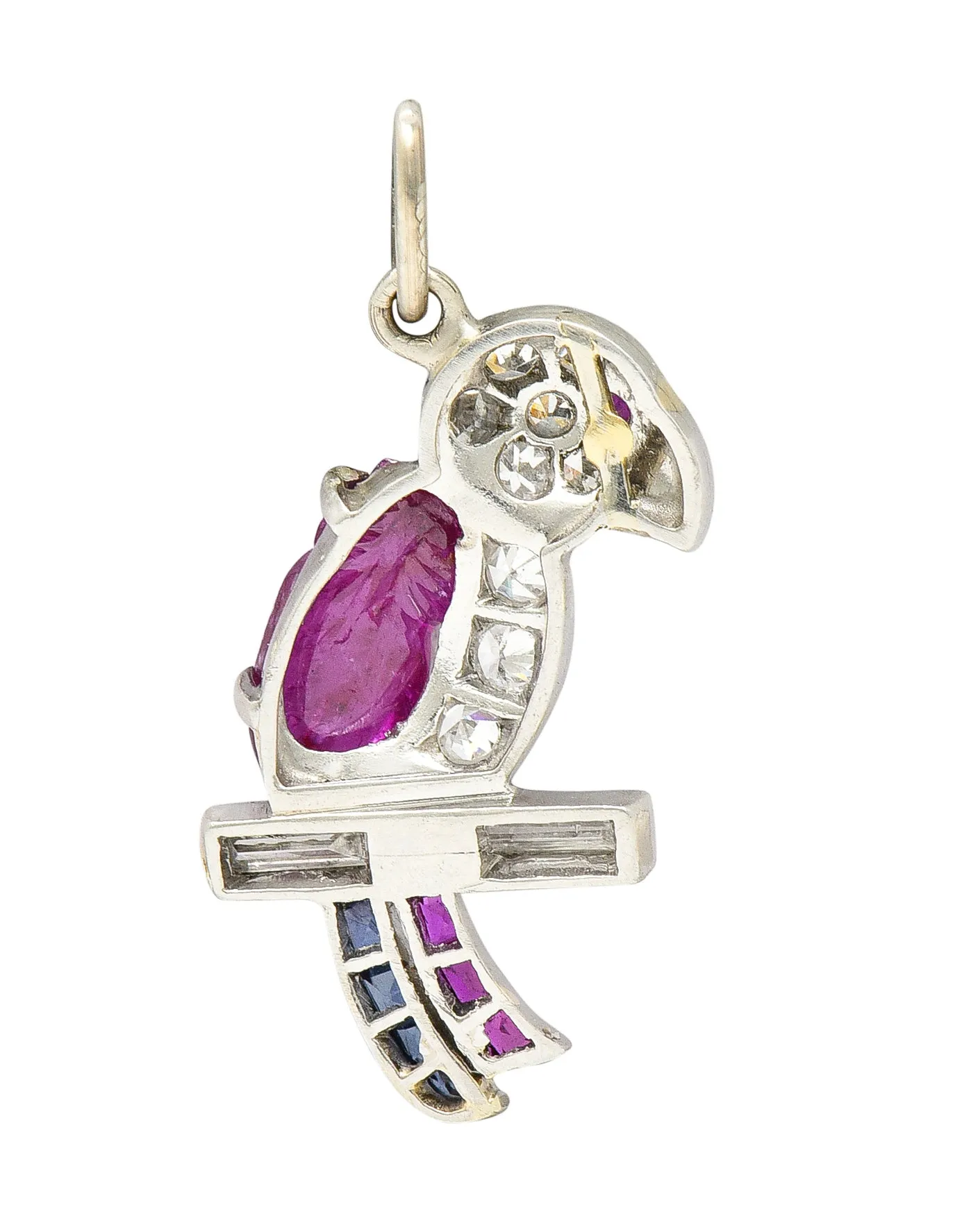 Art Deco Sapphire Ruby Diamond Platinum Parrot Bird Charm