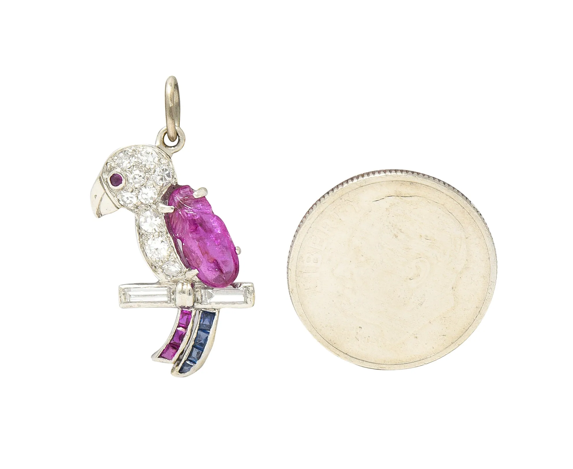 Art Deco Sapphire Ruby Diamond Platinum Parrot Bird Charm