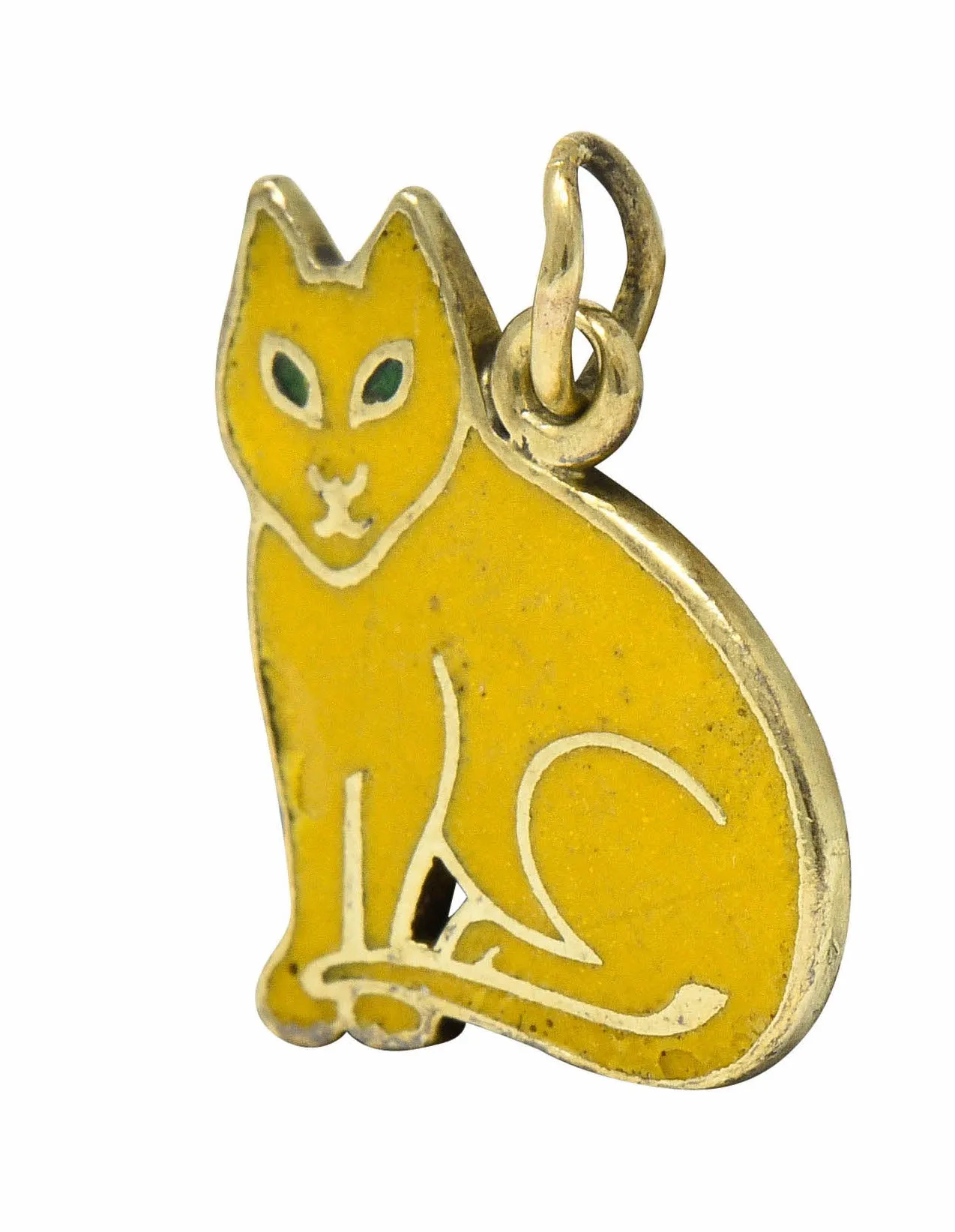 Art Deco Yellow Enamel 14 Karat Gold Cat Charm