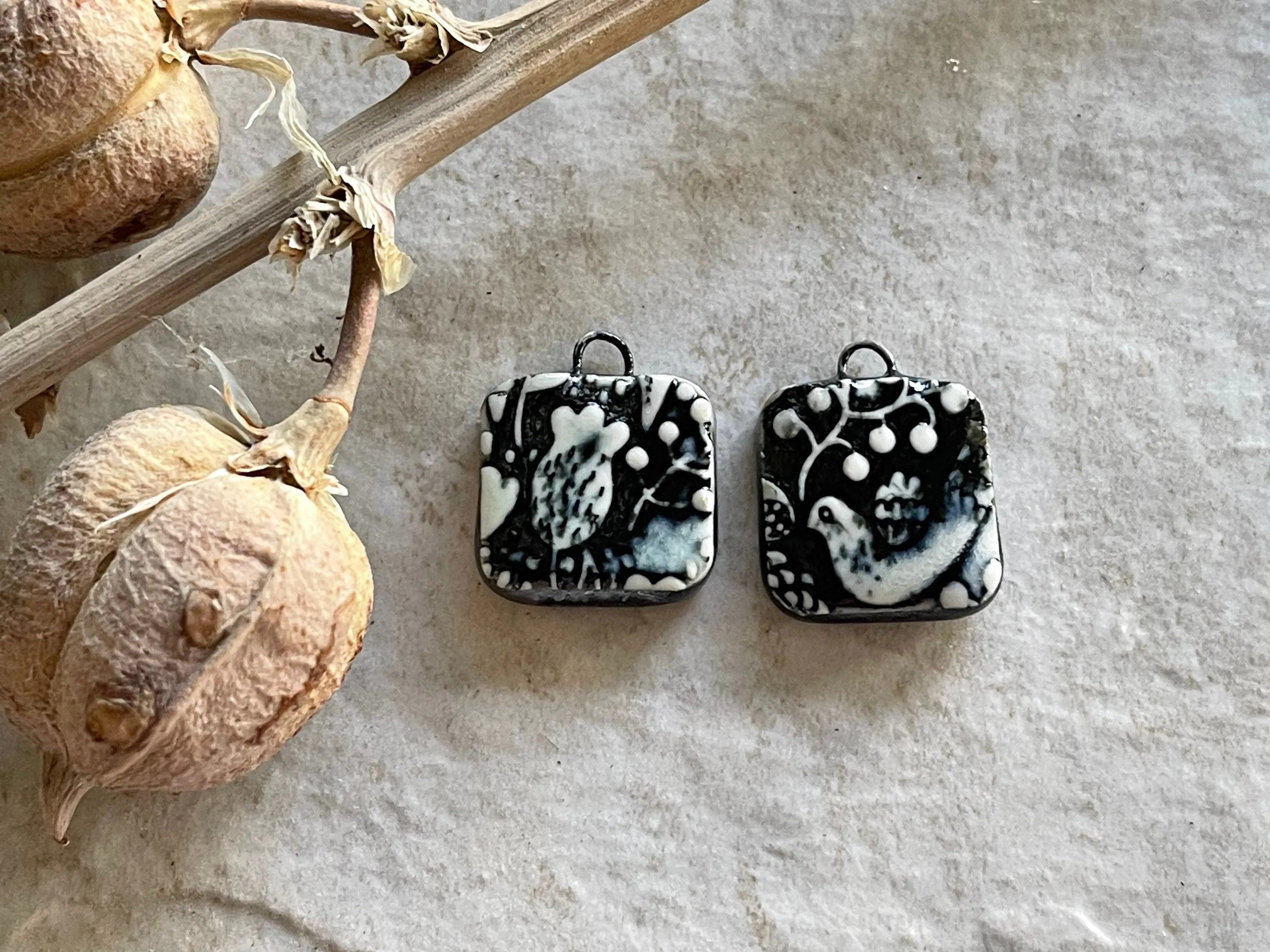 Black and White Bird, Black Earring Bead Pair, Porcelain Ceramic Charms, Jewelry Making Components, Beading Handmade