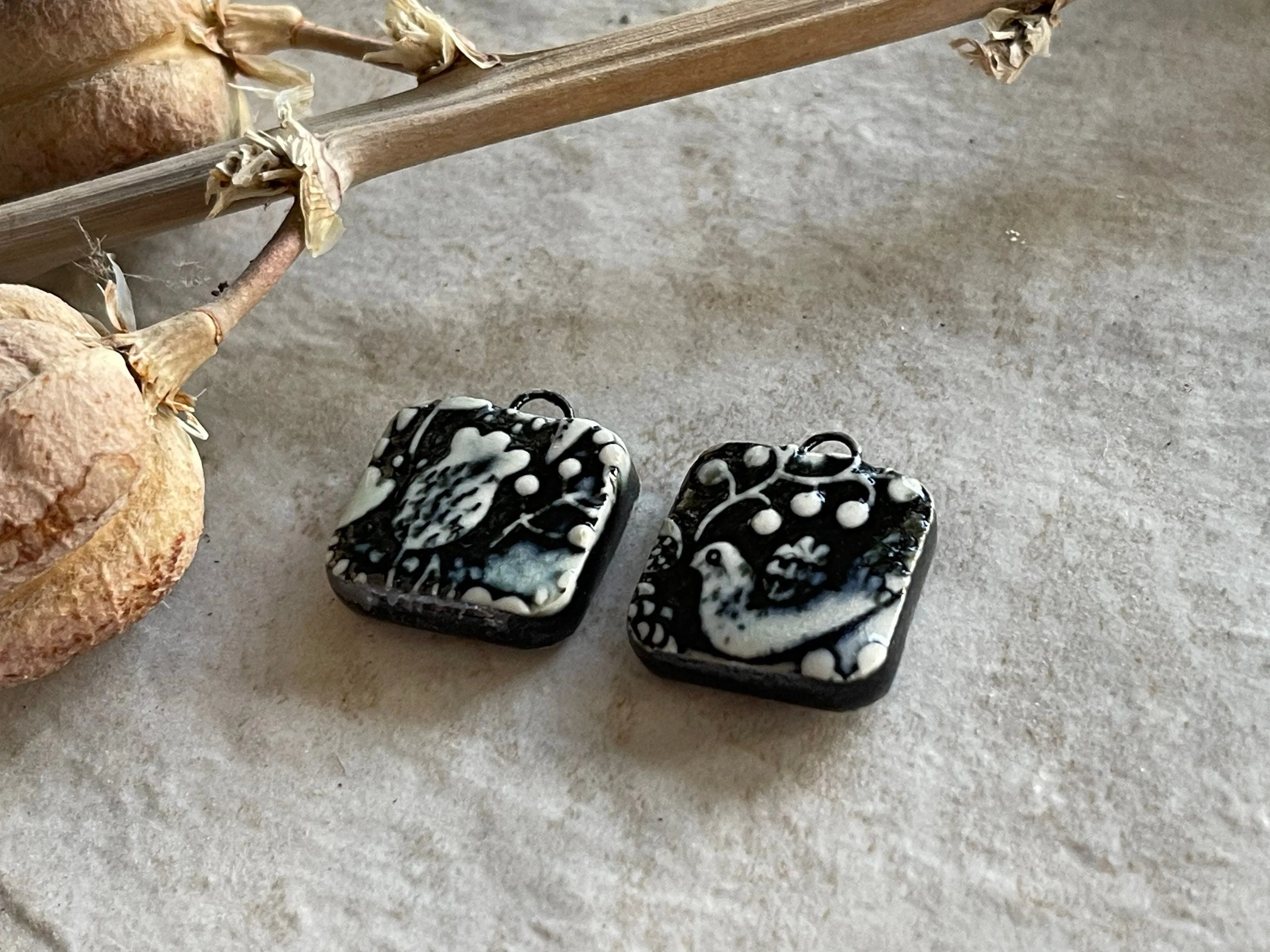 Black and White Bird, Black Earring Bead Pair, Porcelain Ceramic Charms, Jewelry Making Components, Beading Handmade