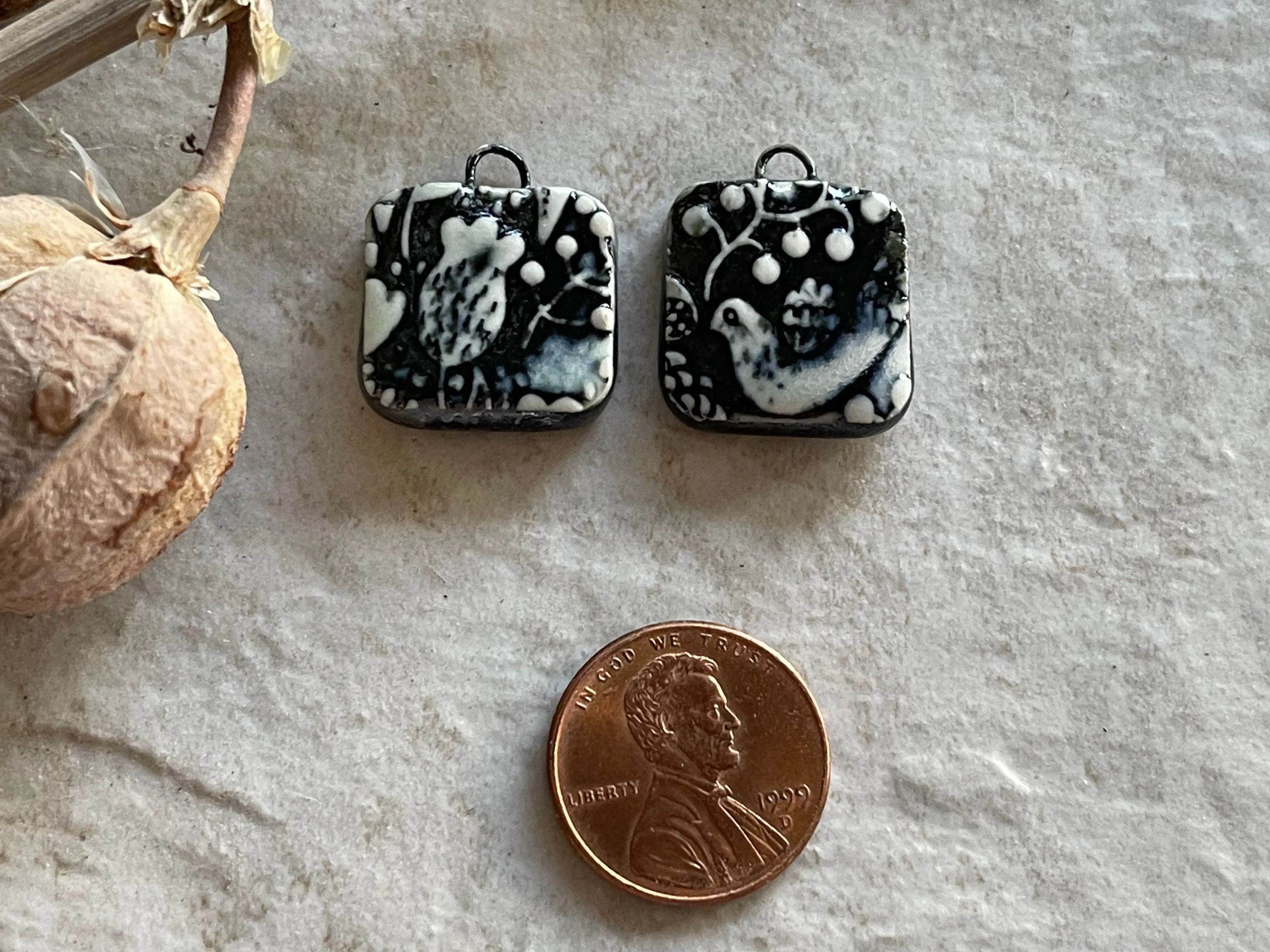 Black and White Bird, Black Earring Bead Pair, Porcelain Ceramic Charms, Jewelry Making Components, Beading Handmade