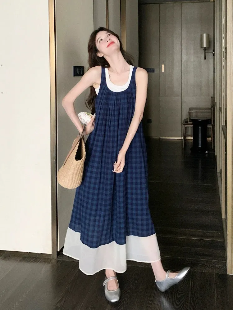 Blue plaid sleeveless dress French literary style retro small fresh holiday camisole long skirt