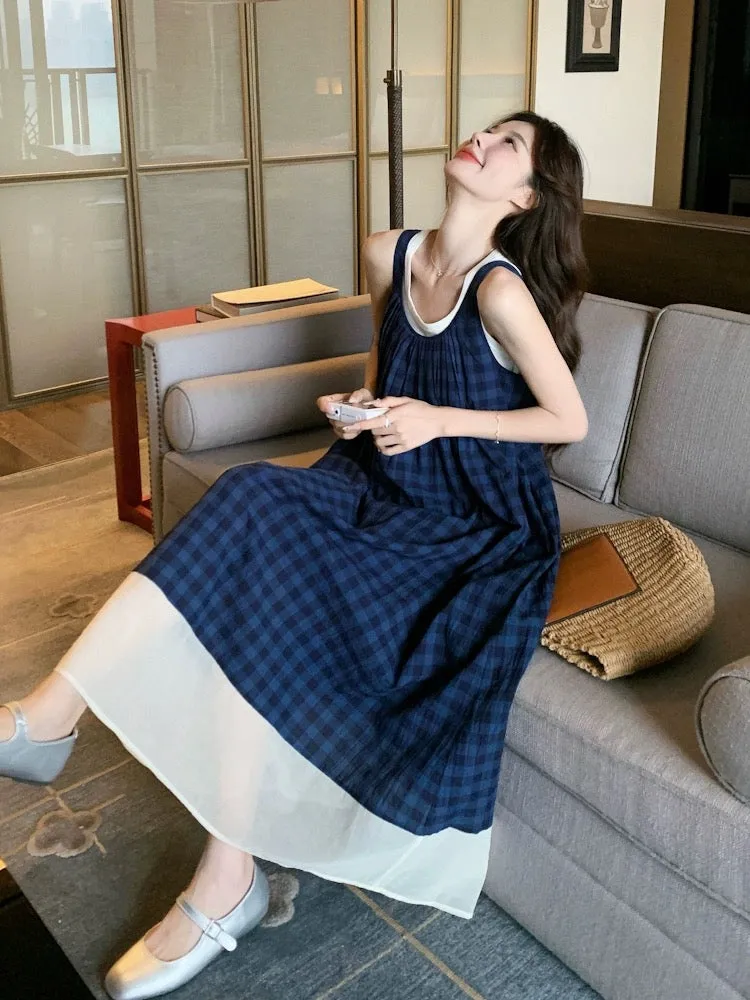 Blue plaid sleeveless dress French literary style retro small fresh holiday camisole long skirt