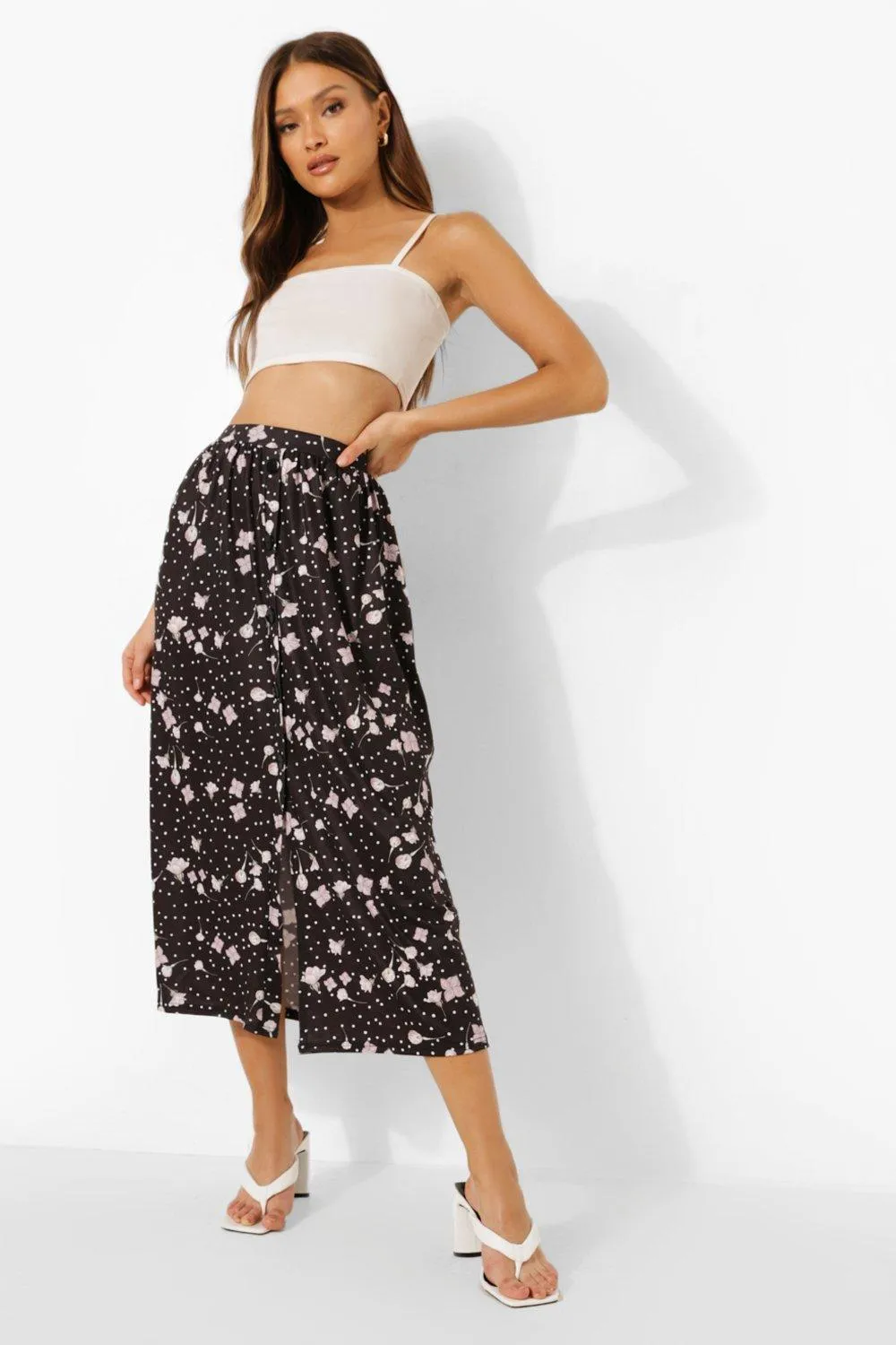 Button Front Floral Spot Midi Skirt