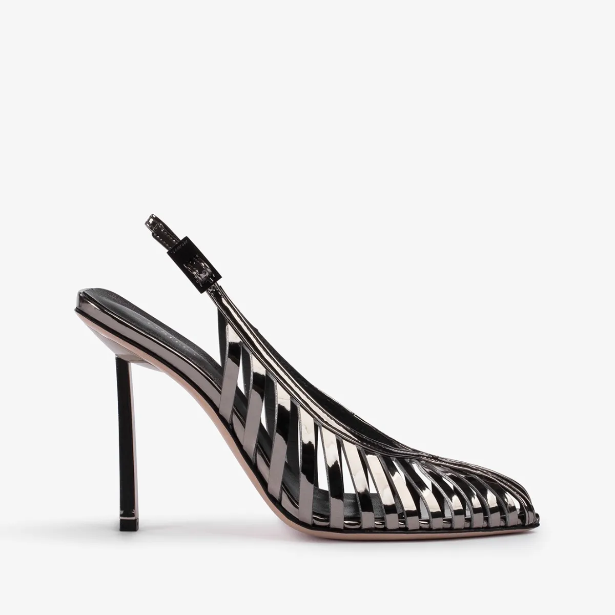 CAGE SLINGBACK 100 mm Pewter metallic slingback with straps