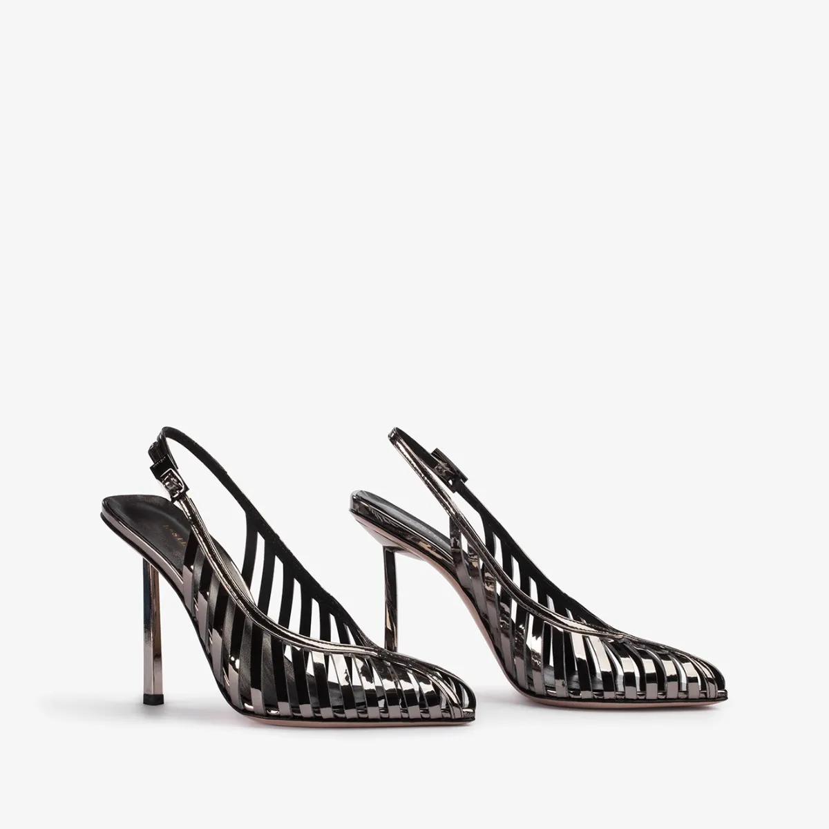 CAGE SLINGBACK 100 mm Pewter metallic slingback with straps