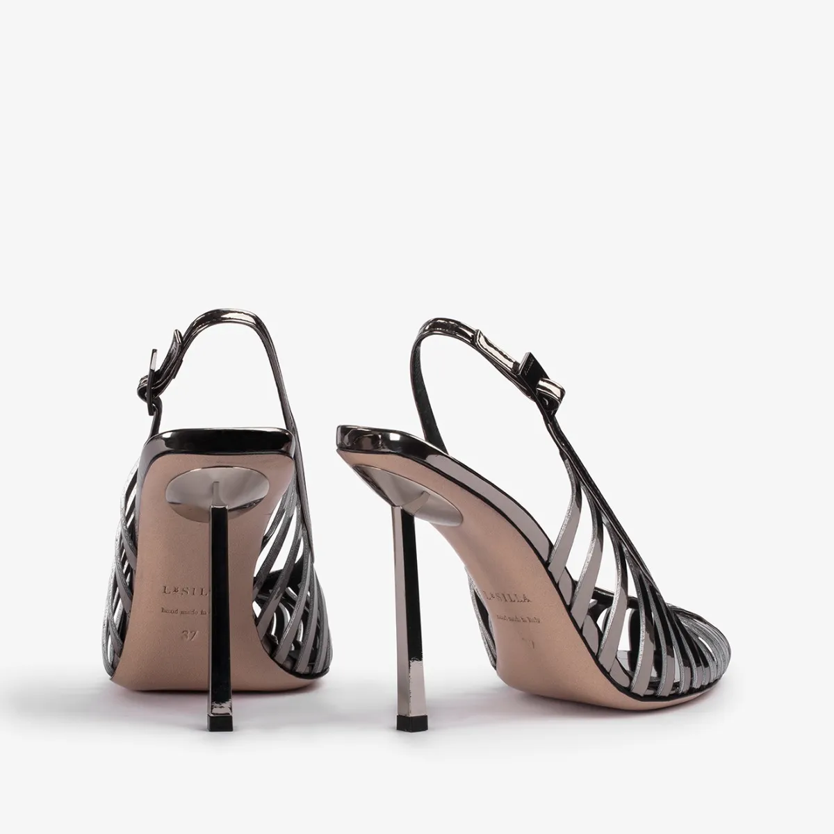 CAGE SLINGBACK 100 mm Pewter metallic slingback with straps