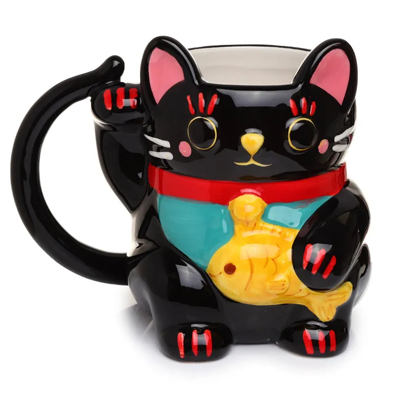 Ceramic Black Maneki Neko Lucky Cat Shaped Collectable Mug MUG380