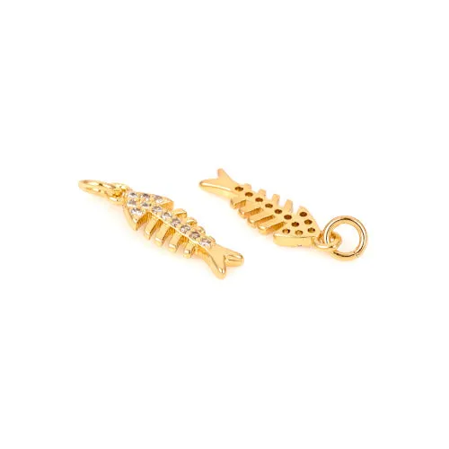 Charms, Fish-Bone, Fish Skeleton, Micro Pave Cubic Zirconia, With Jump Ring, Clear, Golden, Brass, 14.7mm