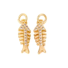 Charms, Fish-Bone, Fish Skeleton, Micro Pave Cubic Zirconia, With Jump Ring, Clear, Golden, Brass, 14.7mm