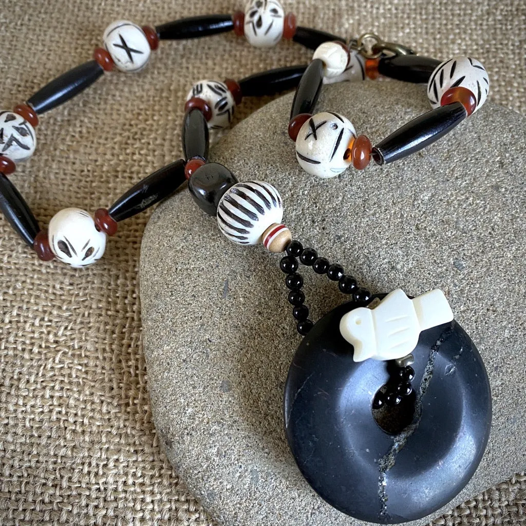 Chunky Shungite Lariat Necklace with Carnelian, Tourmaline & Bone Beads