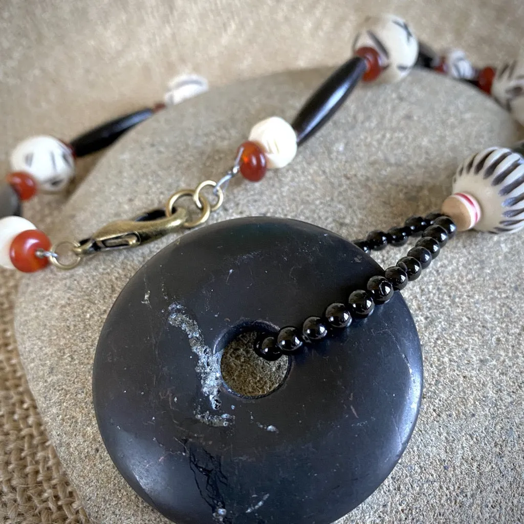 Chunky Shungite Lariat Necklace with Carnelian, Tourmaline & Bone Beads