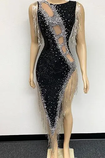 Claudy Black Rhinestone Tassel Dress