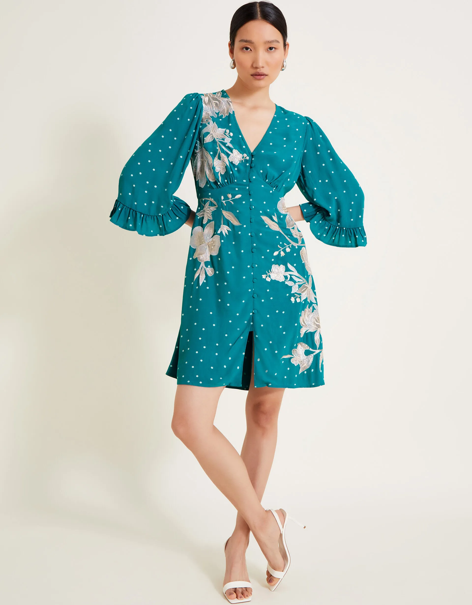 Clea Spot Print Embroidered Dress Teal