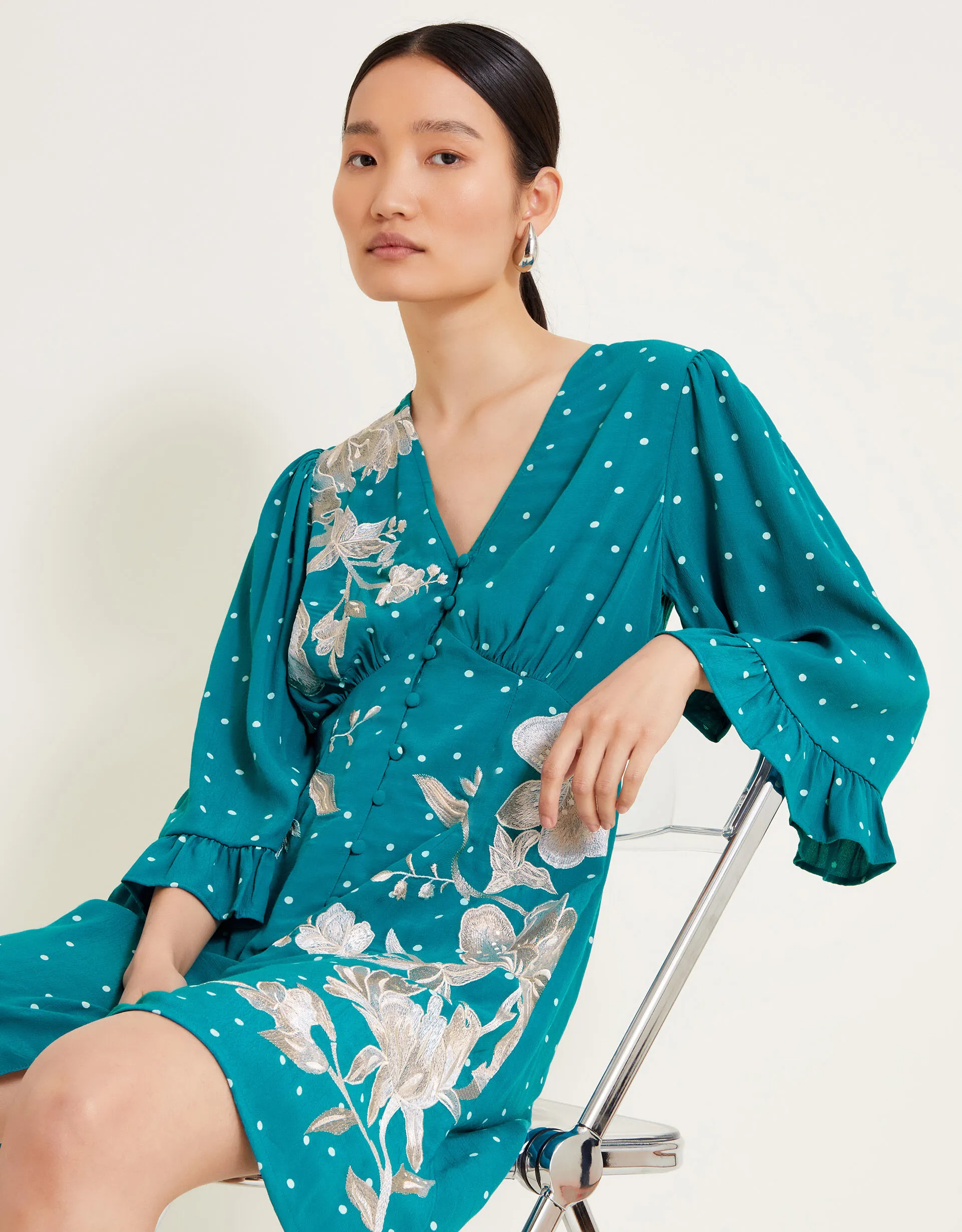 Clea Spot Print Embroidered Dress Teal