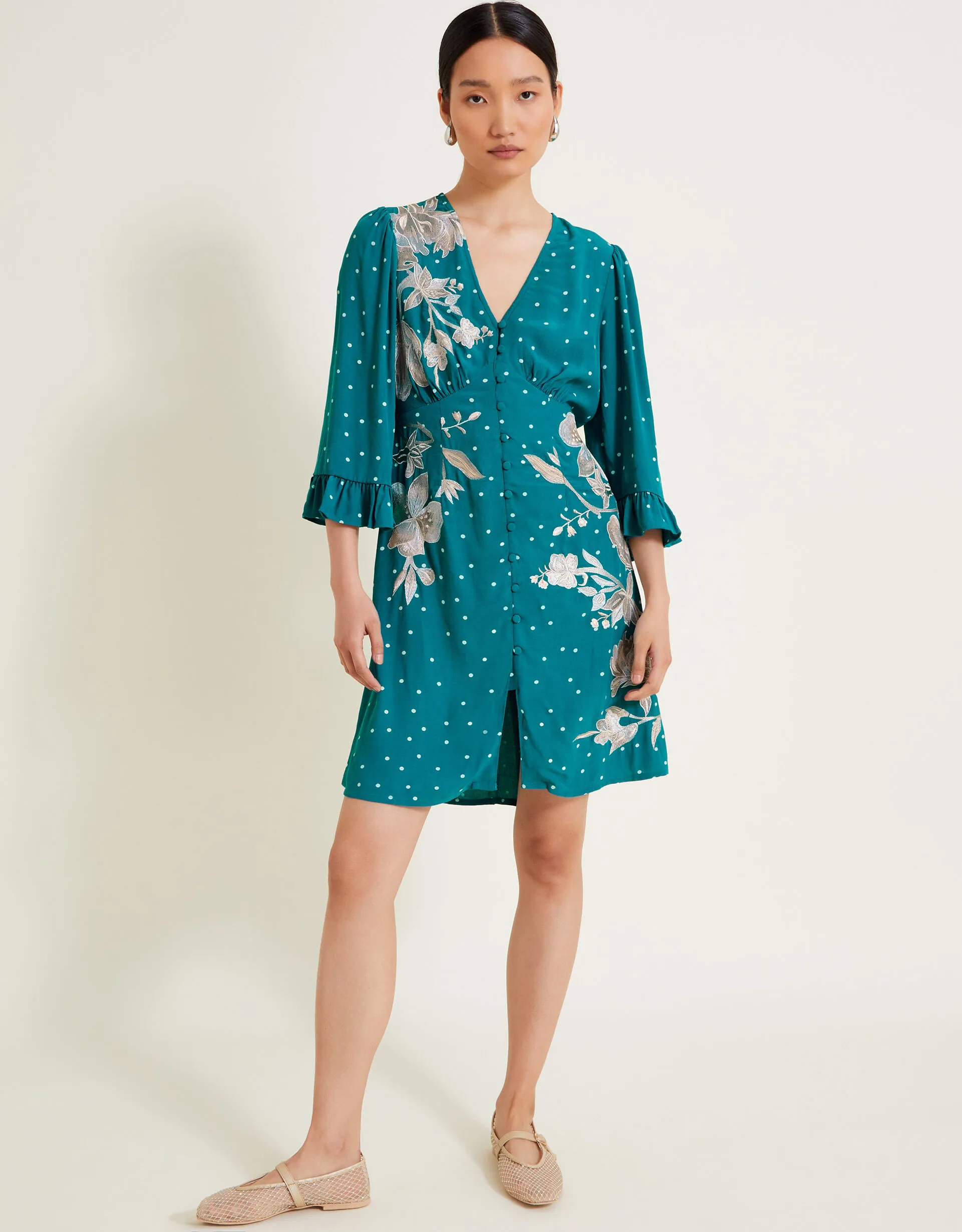 Clea Spot Print Embroidered Dress Teal