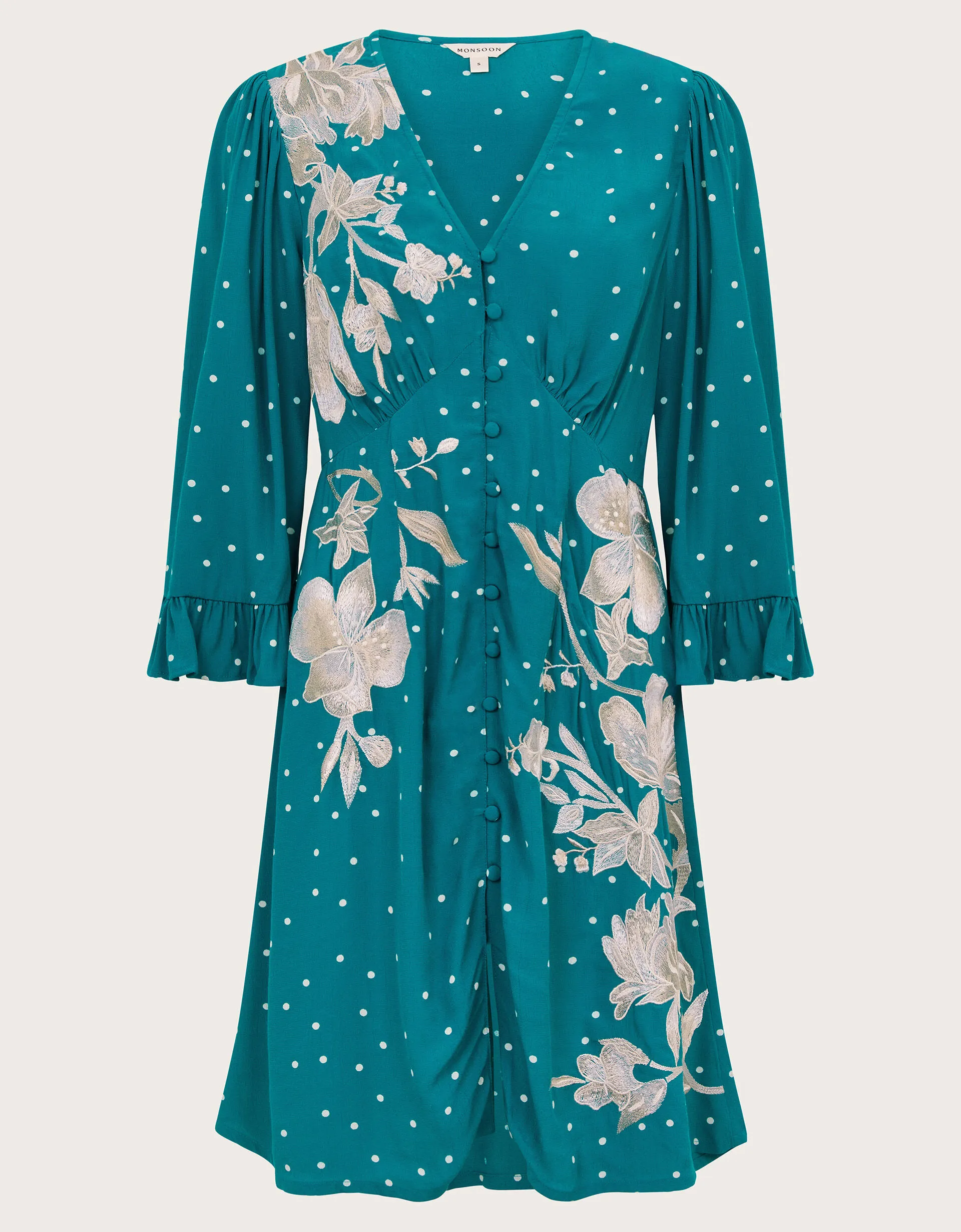 Clea Spot Print Embroidered Dress Teal