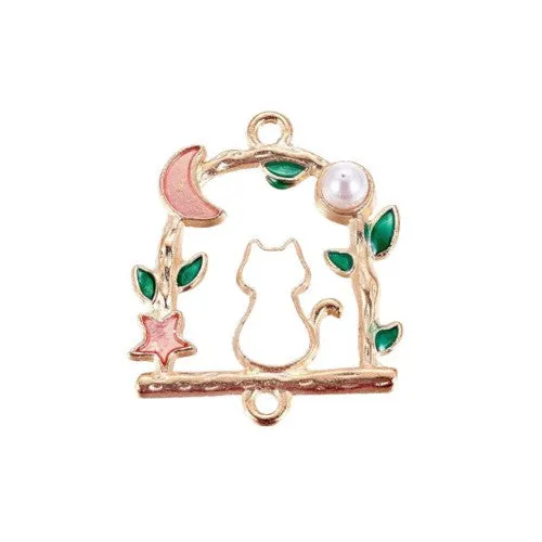 Connectors, Arched, Cat, Pink, Green, Enameled, Imitation Pearl, Light Gold Alloy, 27mm