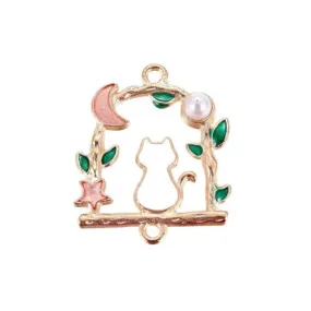 Connectors, Arched, Cat, Pink, Green, Enameled, Imitation Pearl, Light Gold Alloy, 27mm